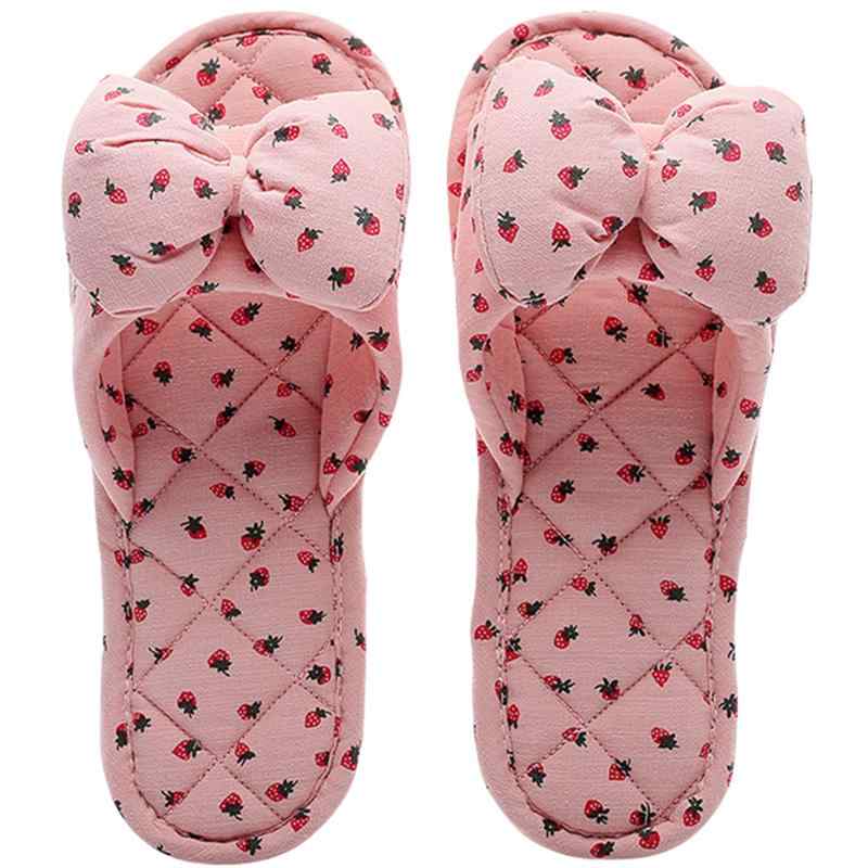 スリッパ 室内用 韓国 春夏 ルームシューズ オープントゥ 布製 滑り止め 柔らかい 吸湿 通気性 洗濯可能 装飾 リボン カップル 家族 かわいい 白 青 グレー チェック柄 イチゴ