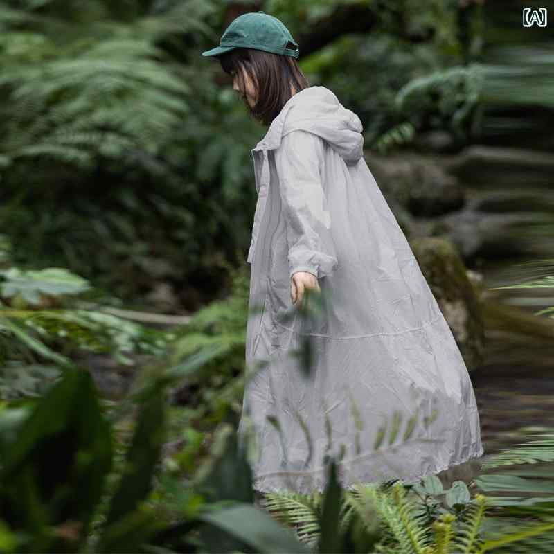 ウインドブレーカー レディース 薄手 ロング おしゃれ 夏 日焼け防止 アウトドア フード ハイキング ビーチ 紫外線対策 アウター 長袖 前開き ジップアップ オフホワイト グリーン