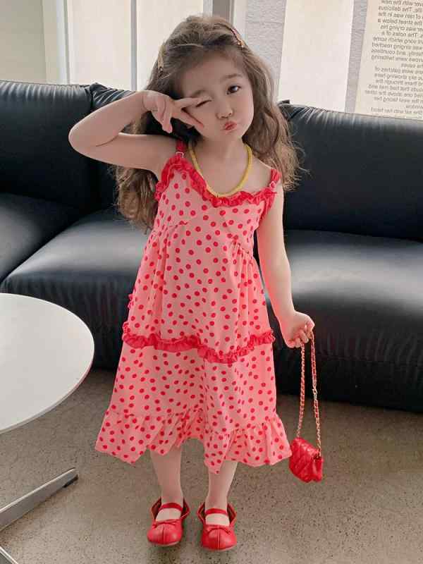 无袖 - 女の子 ワンピース 夏 韓国 レース フリル ドット柄 ピンク リゾート ビーチ カジュアル かわいい Aライン ロング スカート ノースリーブ