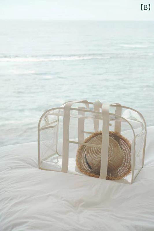 ビーチバッグ 大人 キッズ 女の子 大容量 かわいい レディース 韓国 透明 メッシュ 旅行 水泳 プール 防水 ハンド ベージュ ファスナー スナップボタン 3