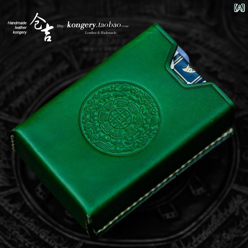 シガレットケース おしゃれ 箱ごと 20本 メンズ 牛革 プラスチック ソフト 厚手 携帯用 レトロ チャイナ風 エンボス加工 緑 プレゼント 誕生日