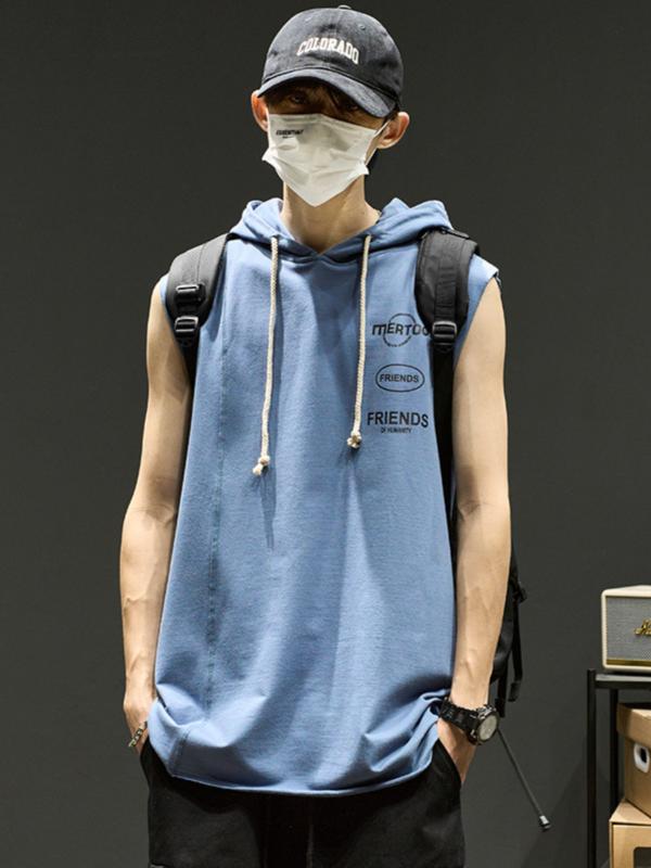 タンクトップ メンズ おしゃれ フード付き ノースリーブ ジム スポーツ 筋トレ ゆったり ストリート 綿 シンプル 無地 黒 グレー 青