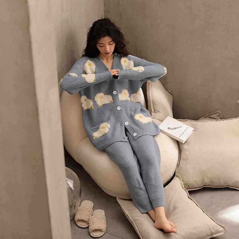 パジャマ レディース 秋冬 上下セット 長袖 カーディガン Vネック 前ボタン ズボン もこもこ ルームウ..