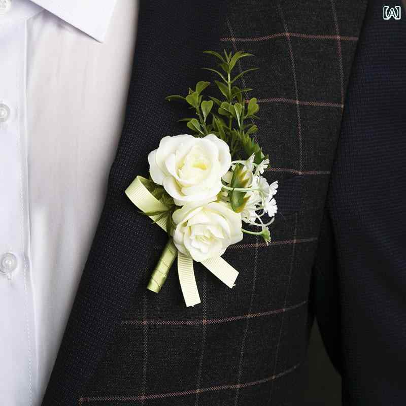 フロントップ楽天市場店の結婚式 ブートニア 造花 ウェディング ブライダル コサージュ アクセサリー スーツデコレーション 花嫁 新郎 付添人 披露宴 プロム パーティー おしゃれ リボン ローズ 白｜アングル2
