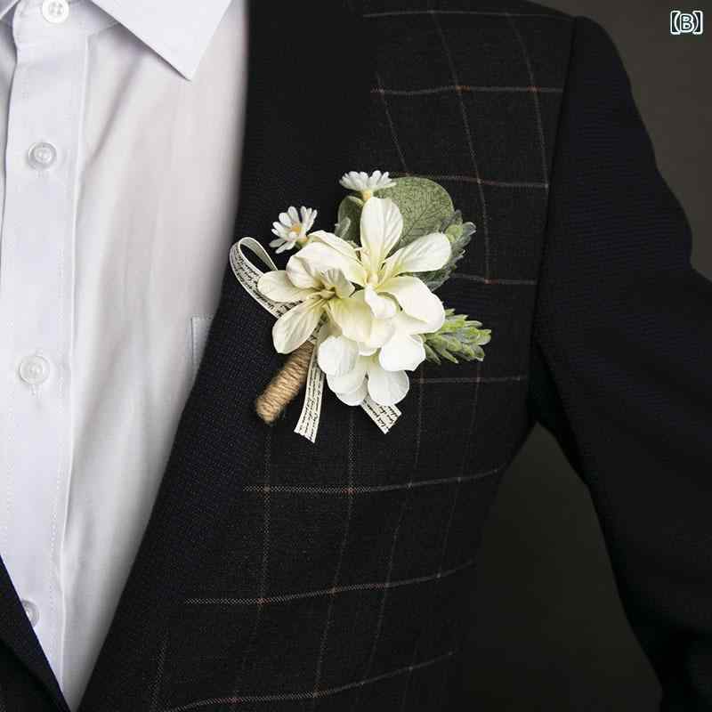 フロントップ楽天市場店の結婚式 ブートニア 造花 ウェディング ブライダル コサージュ アクセサリー スーツデコレーション 花嫁 新郎 付添人 披露宴 プロム パーティー おしゃれ リボン ローズ 白｜アングル3