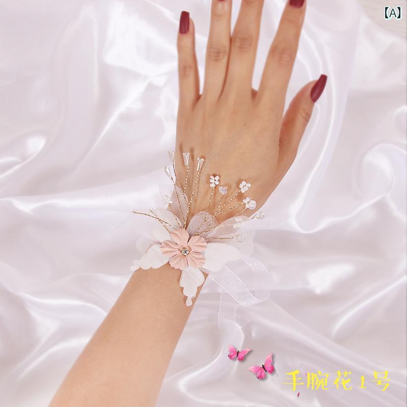 フロントップ楽天市場店のリストブーケ 結婚式 ブレスレット 造花 ウェディング ブライダル 手首 リストレット コサージュ アクセサリー 腕花 新婦 ブライズメイド 介添人 披露宴 プロム パーティー パール リボン レース ビジュー 蝶 韓国 赤 ピンク 白｜アングル2