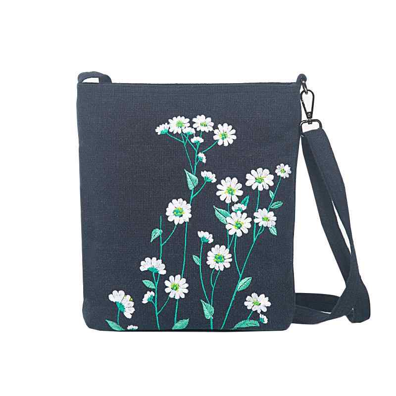 チャイナ バッグ レディース カジュアル 斜め掛け ショルダー 刺繍 雛菊 花柄 綿麻 旅行用 ジッパー 隠しポケット 母の日 プレゼント ネイビー グレー