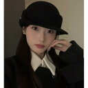 ハット レディース 秋冬 ウール 英国風 レトロ カール 暖かい クラシック おしゃれ シンプル ワンポイント アシンメトリー ショッピング 黒