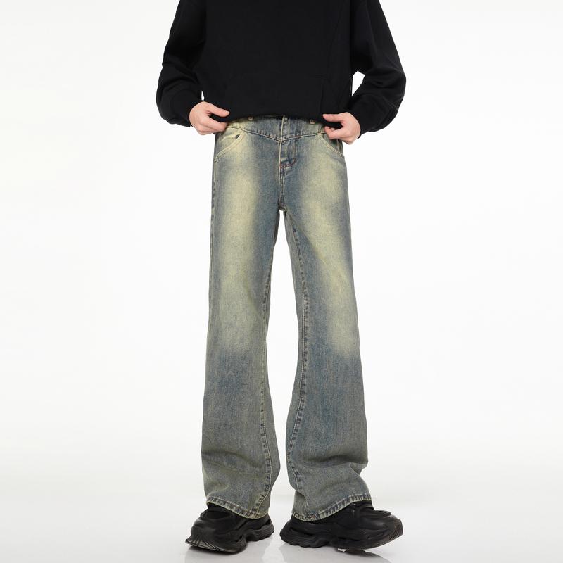 ワイドパンツ メンズ デニム 大きいサイズ 高身長 男性 紳士 ジーンズ 春 耐摩擦性 カジュアル アメカジ ブーツカット ルーズ レトロ 青 ウォッシュ 加工 ポケット