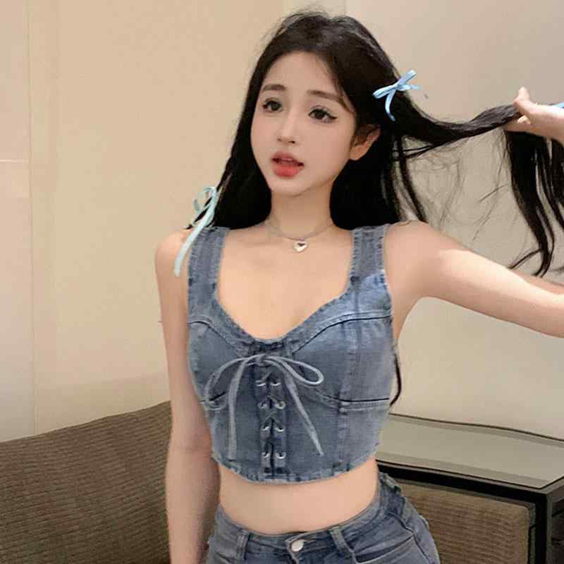 デニム トップス レディース 夏 セクシー ガール キャミソール 甘辛 ショート へそ出し レースアップ ..