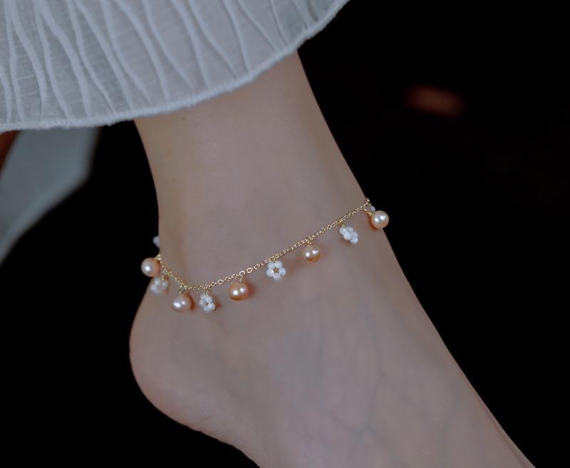 アンクレット レディース かわいい 夏 パール 花 合金 足首 アクセサリーチェーン 素足 長さ 調節 華奢 プレゼント