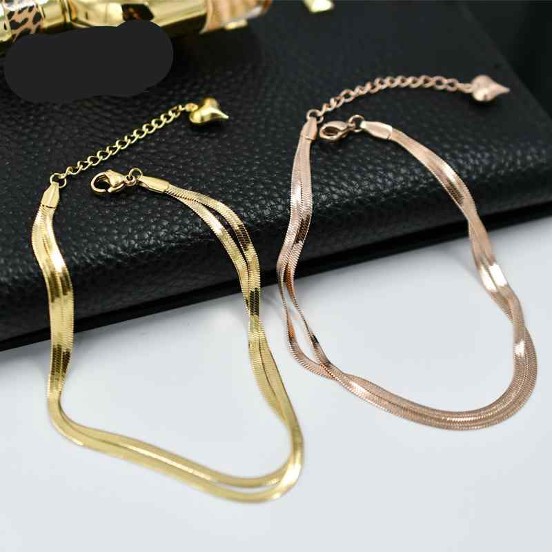アンクレット レディース おしゃれ 夏 メッキ 18 K ローズ カラー ゴールド 2連 スネーク チェーン 長さ 調節 チタン 鋼 シンプル 華奢 ギフト