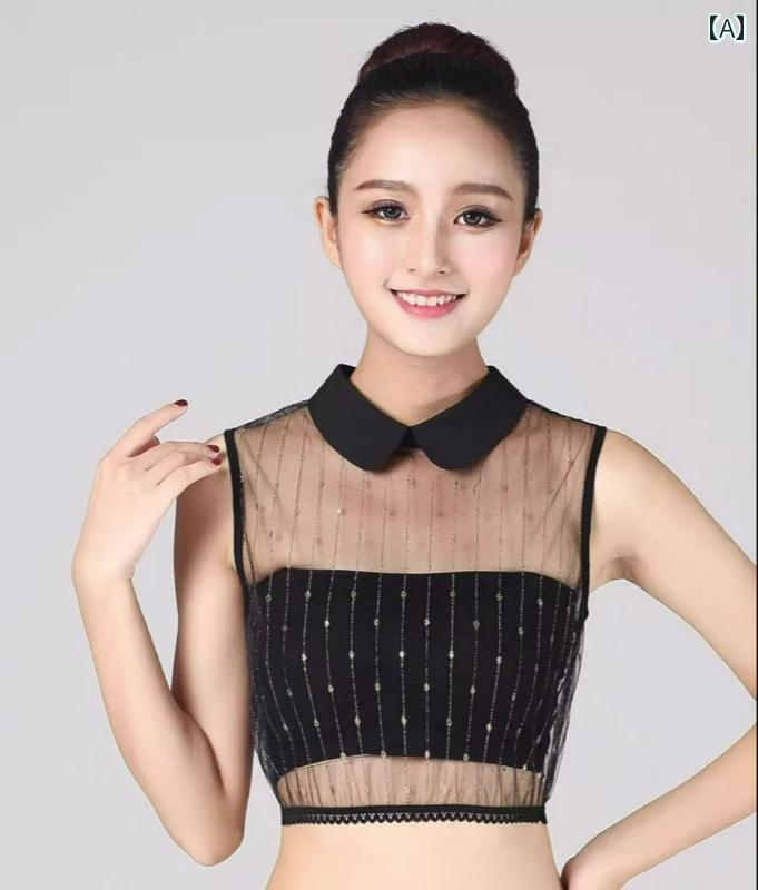 付け襟 レディース 韓国 春秋 シースルー ラウンドカラー ポインテッド ノースリーブ ブラウス 重ね着風 おしゃれ ドット 黒 大きいサイズ