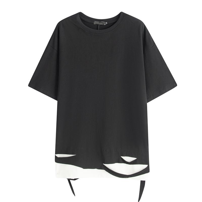 Shirts, T-Shirts - 重ね着風 メンズ tシャツ おしゃれ 夏 半袖 トップス カジュアル ヒップ ホップ 五分袖 オーバーサイズ 穴あき 大きいサイズ ゆったり ブラック ホワイト 無地 シンプル