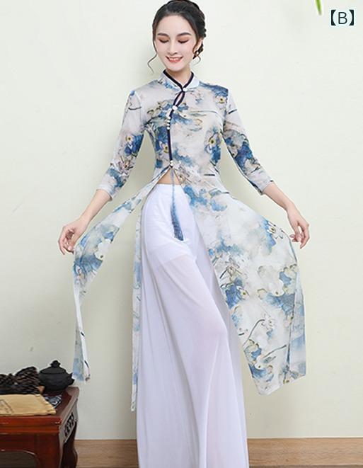 中国 舞踊 衣装 エレガント 夏 レディース トップス パンツ セット 単品 民族 ダンス ガーゼ 透け感 演劇 撮影 ゆったり 袖 シンプル 青 緑 オレンジ