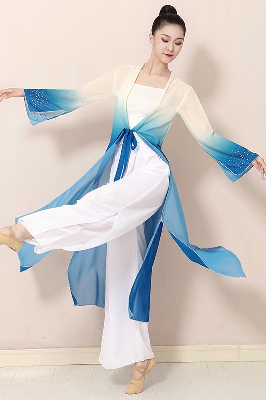 中国 舞踊 衣装 エレガント 夏 レディース ワンピース クラシック 民族 大きいサイズ ベリーダンス ガーゼ 透け感 ドレープ 練習着 演劇 撮影 シンプル 無地 グラデーション 赤 青 緑