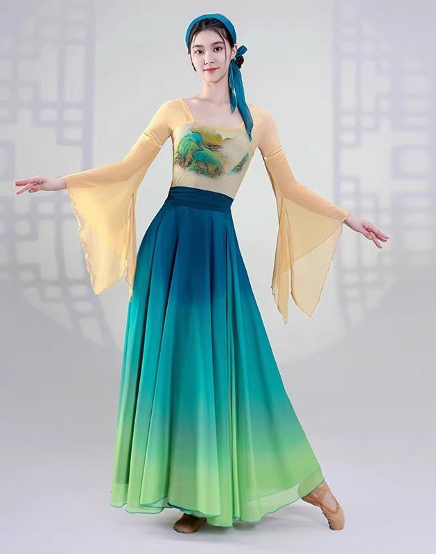 中国 舞踊 衣装 エレガント 春秋 レディース トップス スカート セット 単品 半袖 長袖 着脱 可能 民族 ダンス ガーゼ 透け感 演劇 撮影 グラデーション 緑 青 黄