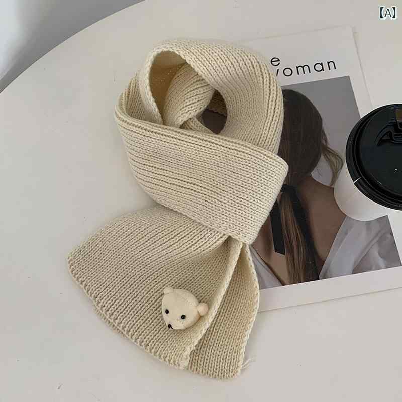 マフラー レディース クマ シンプル ワンポイント かわいい 細め 冬 ニット ウール 防寒 厚手 柔らかい 暖かい 子供 アイボリー 韓国 普段使い