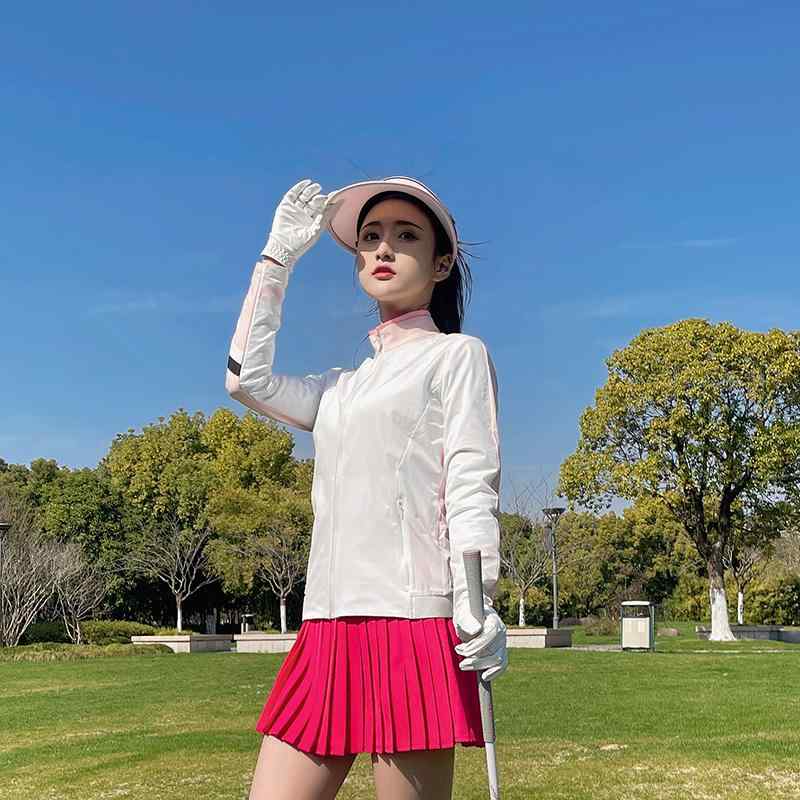ゴルフウェア レディース 春夏 スカート セットアップ トップス スポーツ 韓国 薄手 速乾 長袖 アウトドア ピンク レッド アウター スタンドカラー 前開き ジップアップ
