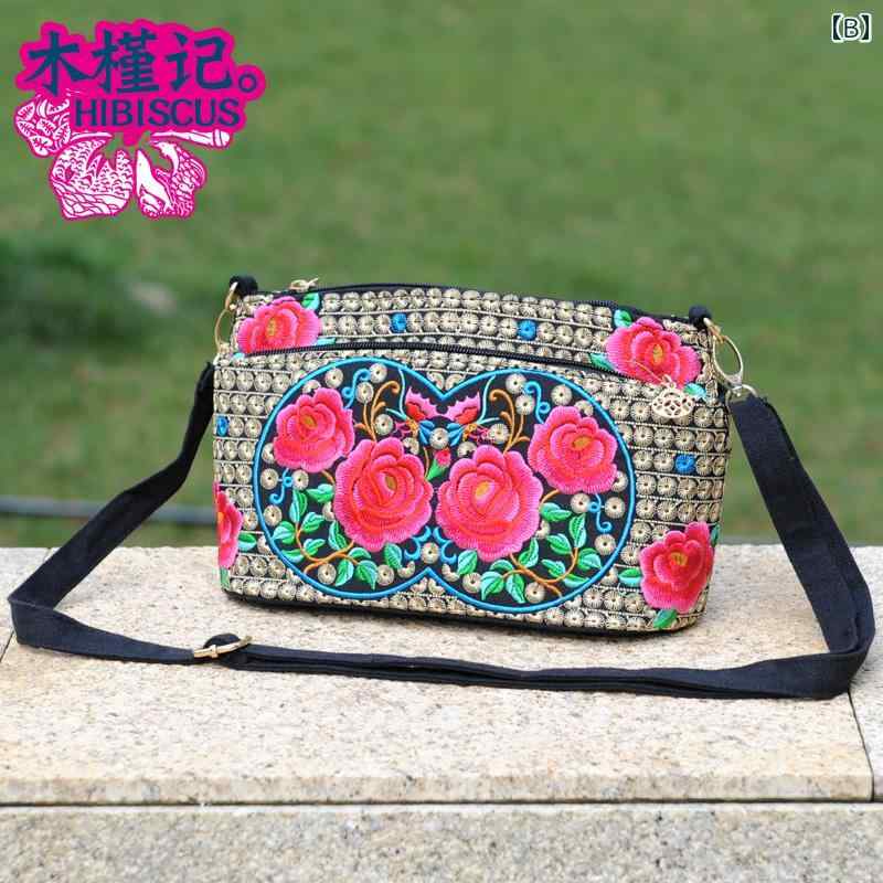 ショルダーバッグ レディース 斜めがけ 大人 おしゃれ レディース エスニック レトロ 多用途 刺繍 花柄 キャンバス ポータブル