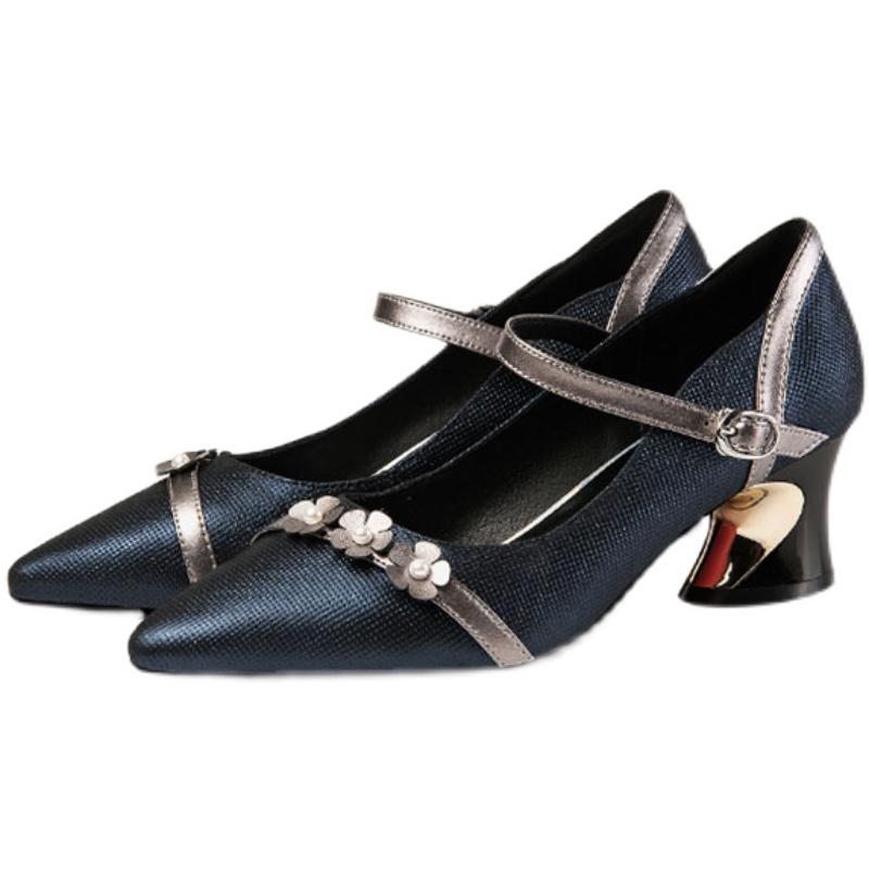 ローヒール パンプス おしゃれ レディース 春秋 エレガント 革 ポインテッドトゥ ストラップ付き ワンタッチバックル 花 ラインストーン 安定感 太ヒール 青