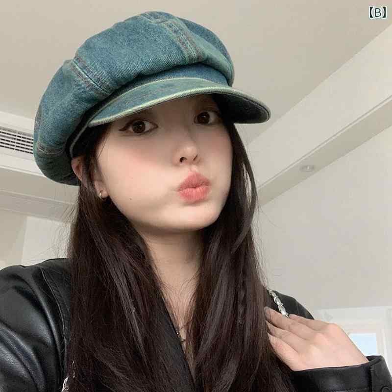レディース 帽子 おしゃれ キャスケット ペインターハット 韓国 女性 秋 カジュアル 普段使い 画家 レトロ 青 デニム 無地 シンプル