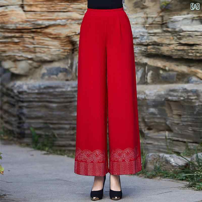 エスニック パンツ ワイド ロング ウエストゴム ポケット トップス Vネック 五分袖 紐 ビーズ 大人 レディース チャイナ風 大きいサイズ ゆったり 刺繡 柄 黒 赤