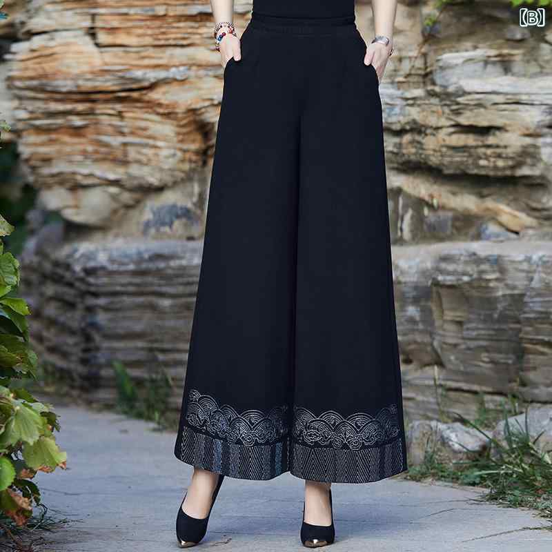 エスニック パンツ ワイド ロング ウエストゴム ポケット トップス Vネック 五分袖 紐 ビーズ 大人 レディース チャイナ風 大きいサイズ ゆったり 刺繡 柄 黒 赤