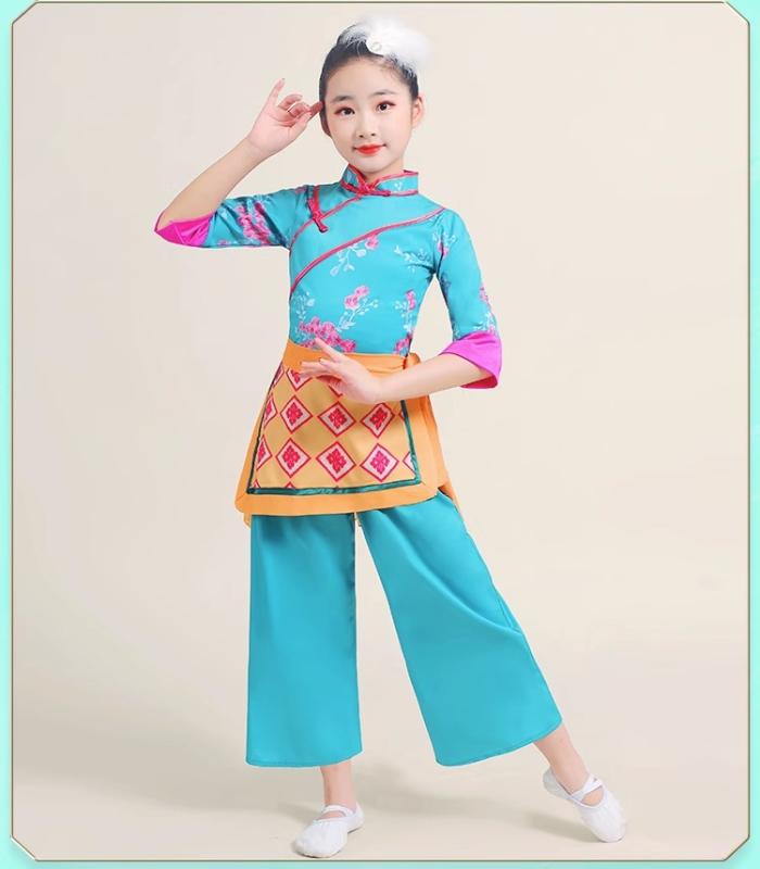 中国 舞踊 衣装 レトロ 子供 女の子 イベント パフォーマンス ダンス 上下セット エプロン チャイナ服風 花 リボン 華やか かわいい 青