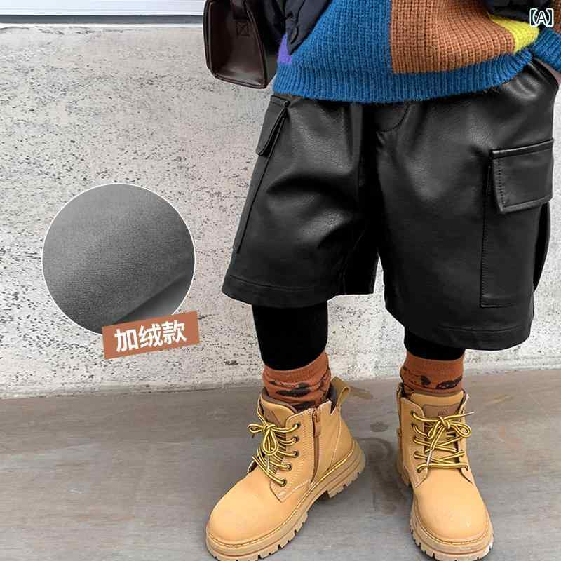 ズボン キッズ フリース パンツ付き レギンス 秋冬 春 重ね着風 ハンサム 男の子 女の子 フェイクレザー 韓国 カジュアル おでかけ