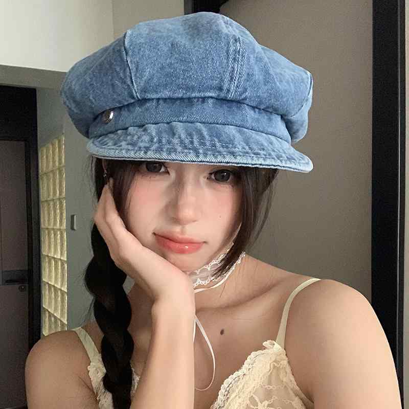 キャスケット レディース 大きいサイズ 韓国 ショッピング 学生 普段使い ストリート レトロ ウォッシュド カジュアル デニム シンプル 黒 青 綿 オールシーズン