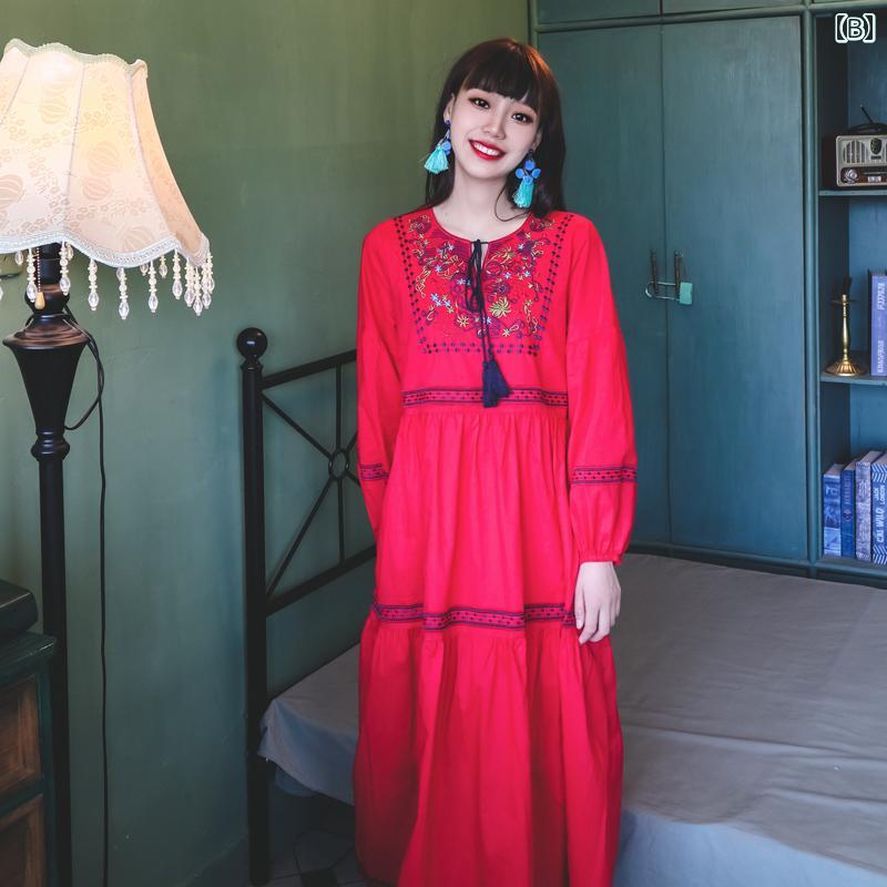 エスニック ワンピース ボヘミアン レディース 女性 春秋 長袖 綿 リネン ミモレ丈 キーネック 紐 旅行 普段着 白 赤 黄色 刺繍 タッセル