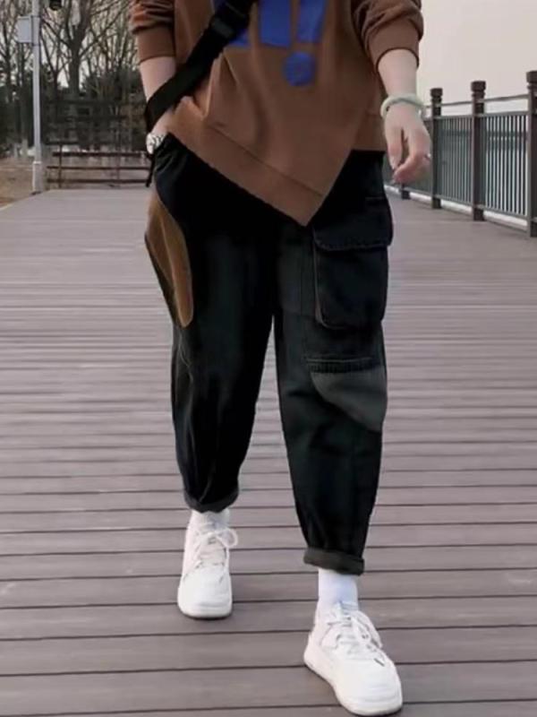 ゆったり パンツ レディース 秋 ボトムス ウォッシュ デニム ハーレム ロング ルーズ ポケット パッチワーク ナチュラルウエスト カジュアル おしゃれ 大きいサイズ 外出 普段使い