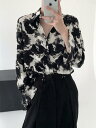 シャツ メンズ 長袖 おしゃれ モノトーン ペイント柄 涼しい しわになりにくい キレイめ ゆったり ポインテッドカラー 非対称 白黒 個性(4)