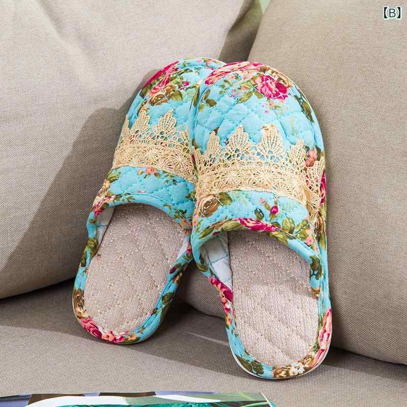 スリッパ 静音 レディース メンズ 室内 おしゃれ 滑り止め 底 PVC コットン リネン ルームシューズ 軽量 通気性 吸汗 柔らかい 防臭 快適 来客 家庭用 普段使い 洗濯 洗える リビング キッチン ペア カップル ギフト 花 レース 青 赤 緑