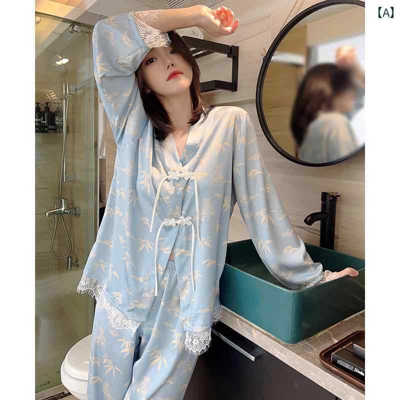 パジャマ レディース 長袖 涼しい ひんやり 快適 バックル 春夏秋 レース 薄手 ルームウェア ブルー 前..