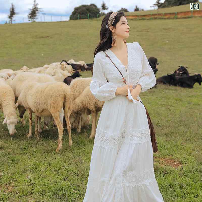 ボヘミアン ワンピース 民族 レディース 女性 春夏 秋 長袖 Vネック マキシ丈 普段着 旅行 ベスト セット 白 レース ガーリー 無地