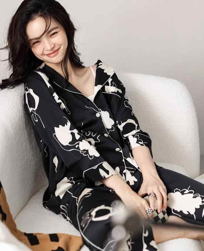 パジャマ レディース 長袖 涼しい ひんやり 快適 春夏秋 セットアップ 薄手 ルームウェア ブラック ピ..