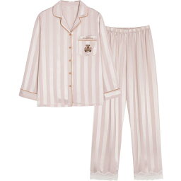 パジャマ レディース 長袖 涼しい ひんやり 快適 春夏 ルームウェア 刺繍 ピンク 大きいサイズ 前開き ウエストゴム セットアップ かわいい