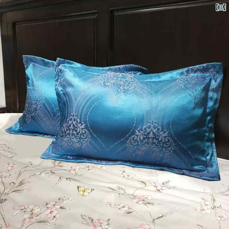 枕カバー コットンサテン おしゃれ 豪華 48×74cm 大きめ 筒状 2枚 セット プレゼント 花 リーフ 幾何学模様 グレー 青 紫 [2]