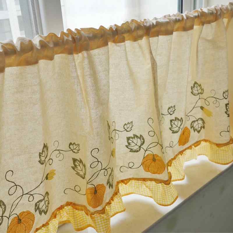 カフェカーテン カントリー 出窓 ショート 面ファスナー ポリエステル 綿 麻 刺繍 かぼちゃ 韓国 ナチュラル シンプル 突っ張り棒 チェック柄 遮光