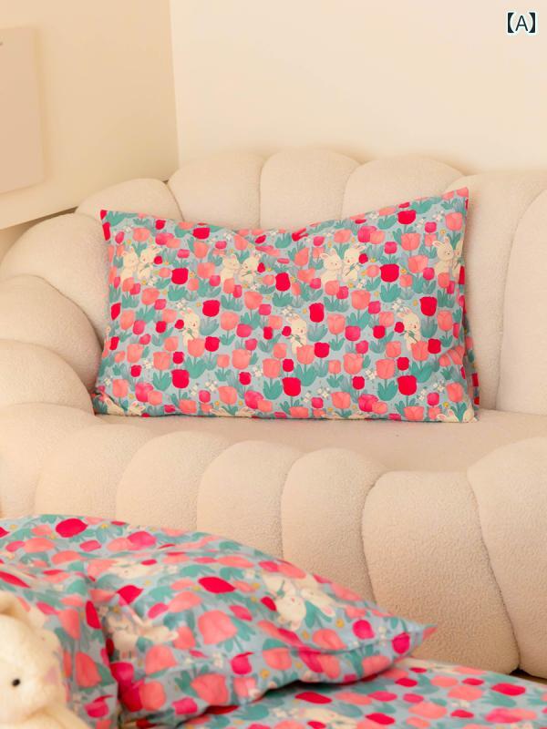 枕カバー 綿 100 かわいい キッズ 48×74cm 大きめ 筒状 洗える セット 総柄 チューリップ ウサギ 恐竜 ホワイト ブルー [2]