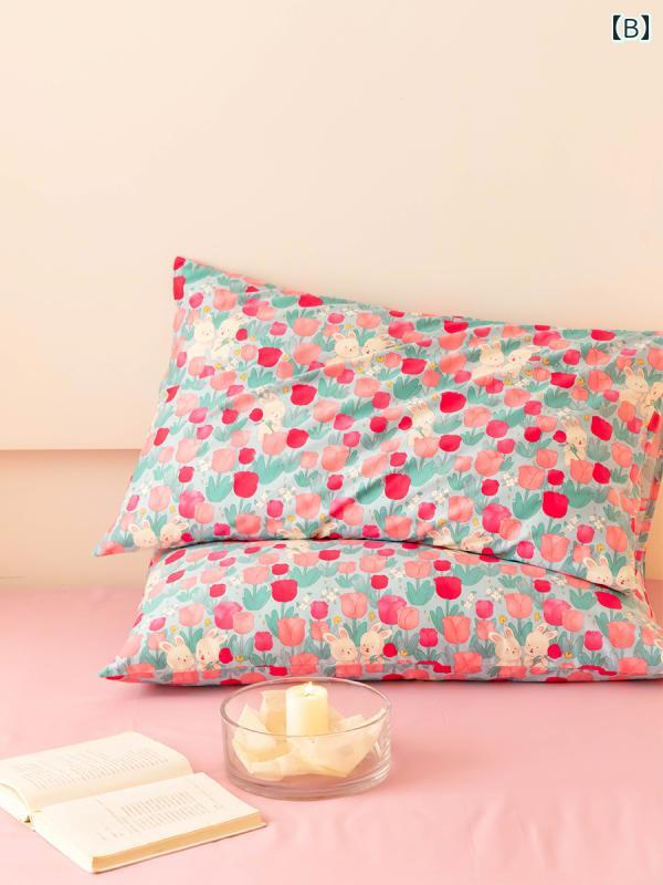 枕カバー 綿 100 かわいい キッズ 48×74cm 大きめ 筒状 洗える セット 総柄 チューリップ ウサギ 恐竜 ホワイト ブルー [3]