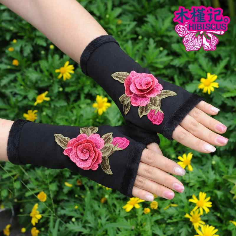 指なし 手袋 レディース 冬 防寒 手の甲 おしゃれ アームカバー 秋 エスニック 立体 刺繍 花 ベルベット 厚手 暖かい 女性用 リストガード 多用途