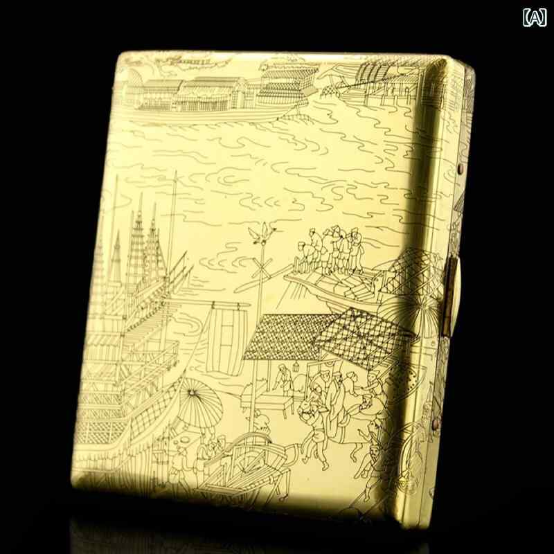 シガレットケース おしゃれ 20本 メンズ クリップ 超薄型 耐圧 防湿 錆びにくい 携帯用 銅 レトロ 彫刻 風景画 牡丹 ブロンズ シルバー プレゼント 誕...