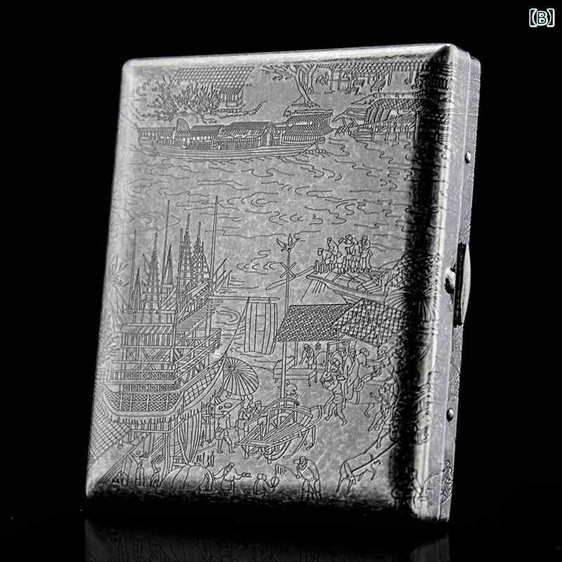 フロントップ楽天市場店のシガレットケース おしゃれ 20本 メンズ クリップ 超薄型 耐圧 防湿 錆びにくい 携帯用 銅 レトロ 彫刻 風景画 牡丹 ブロンズ シルバー プレゼント 誕生日｜アングル2