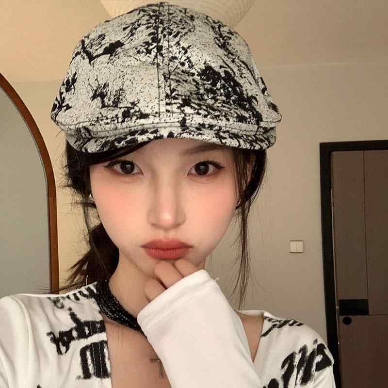 レディース 帽子 おしゃれ ハンチング帽 フォワード ペインターハット 女性 夏 オールシーズン カジュアル 画家 レトロ デザイン 白 黒 水墨 ペイント