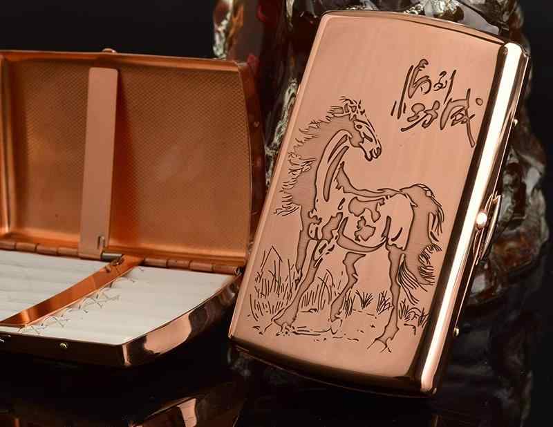 シガレットケース おしゃれ 12本 メンズ 銅 ワンタッチオープン クリップ 薄型 携帯用 レトロ 光沢 彫刻 虎 馬 十字軍 プレゼント 誕生日