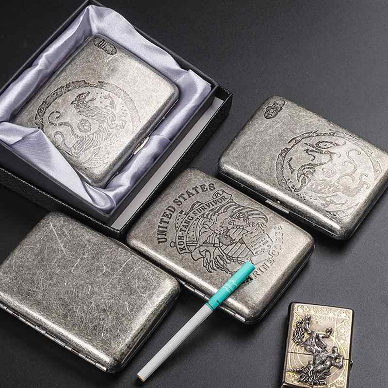 シガレットケース おしゃれ 20本 メンズ クリップ 防湿 耐圧 携帯用 ステンレス レトロ 彫刻 青龍 白虎 シンプル 無地 プレゼント 誕生日