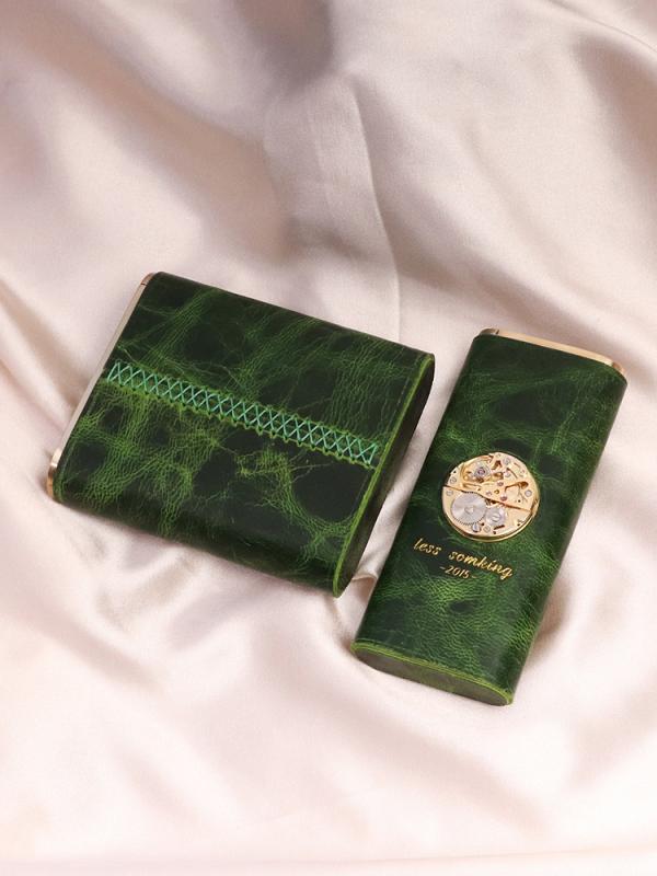 シガレットケース おしゃれ メンズ レディース 銅 革 スライド式 耐圧 密閉 携帯用 レトロ 感 コイン 歯車 緑 プレゼント 誕生日